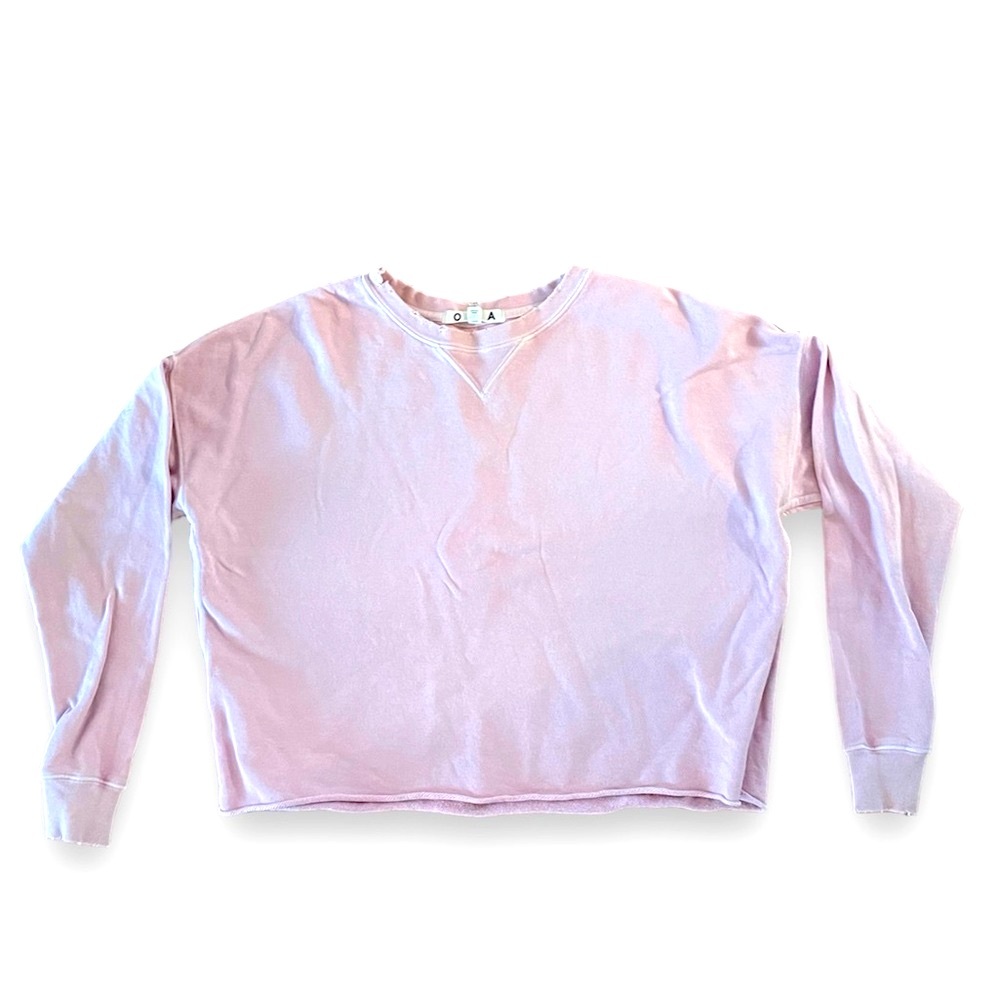 AMO Distressed Crewneck Cotton Cuffed Pink Sweatshirt